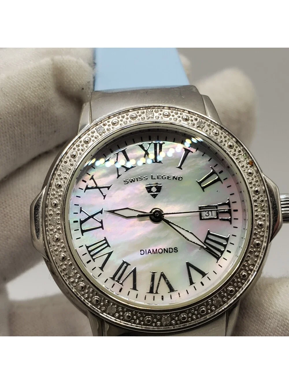 Swiss Legend South Beach Diamond Watch Women 36mm Silver Tone MOP New Battery
